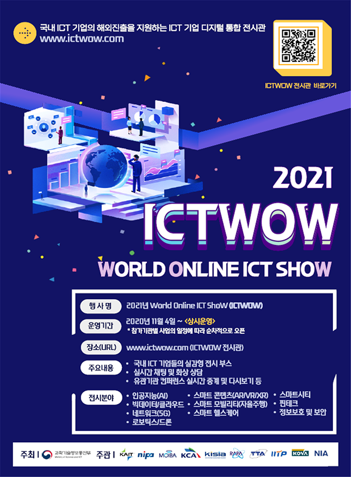 국내 ICT 기업의 해외진출을 지원하는 ICT 기업 디지털 통합 전시관 http://www.ictwow.com
ICTWOW 전시관 바로가기
2021 ICTWOW WORLD ONLINE ICT SHOW
행사명: 2021년 World Online ICT ShoW(ICTWOW)
운영기관: 2020년 11월 4일~<상시운영>
*참가기관별 사업의 일정에 따라 순차적으로 오픈
장소(URL): www.ictwow.com(ICTWOW 전시관)
주요내용: ·국내 ICT 기업들의 실감형 전시 부스, ·실시간 채팅 및 화상 상담, ·유관기관 컨퍼런스 실시간 중계 및 다시보기 등
전시분야: ·인공지능(AI), 스마트 콘텐츠(AR/VR/XR), ·스마트시티, ·빅데이터/클라우드, ·스마트 모빌리티(자율주행), ·핀테크, ·네트워크(5G), ·스마트 헬스케어, ·정보보호 및 보안, ·로보틱스/드론
주최: 과학기술정보통신부, 주관: KAIT, nipa, moiba, kcai, kisia, papa, tta, iitp, kova, nia