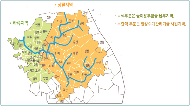 물이용 부담금을 내는 서울, 인천, 경기 25개시에 대한 지도입니다.