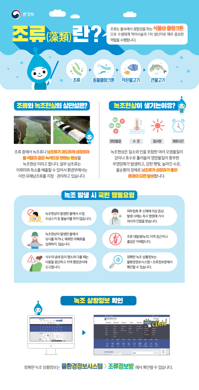 조류(藻類)란? 조류는 물속에서 광합성ㅇ들 하는 식물성 플랑크톤으로 수생태계 먹이사슬의 1차 생산자로 매우 중요한 역할을 수행합니다 조류 > 동물플랑크톤 > 작은물고기 > 큰물고기
조류와 녹조현상의 상관성은? 조류 중에서 녹조류나 남조류가 과도하게 성장하여 물 색깔이 짙은 녹색으로 변하는 현상을 녹조현상이라고 합니다. 일부 남조류는 이취미와 독소를 배출할 수 있어서 환경부에서는 이런 유해남조류를 지정 · 관리하고 있습니다. 
녹조현장이 생기는 이유? 녹조현상은 질소와 인을 포함한 여러 오염물질이 강이나 호수로 흘러들어 영양물질이 풍부한 부영양화가 발생하고, 강한 햇빛, 높아진 수온, 물순환의 정체로 남조류가 성장하기 좋은 환경이 되면 발생합니다. 
녹조 발생 시 국민 행동요령  ○녹조현상이 발생한 물에서 수영, 수상스키 등 물놀이를 하지 않습니다. ○피부접촉 후 신체에 이상 증상 발생 시에는 즉시 병원에 가서 의사의 진찰을 받습니다. ○녹조현상이 발생한 물에서 낚시를 하거나, 채취한 어패류를 섭취하지 않습니다. ○조류 대발생(녹조) 지역 접근이나 출입은 자제합니다. ○식수의 냄새 등이 평소와 다를 때는 사용을 중단하고 지역 행정관서에 신고합니다. ○정확한 녹조 상황정보는 물환경정보시스템 > 조류정보방에서 확인 할 수 있습니다. 
녹조 상황정보 확인 정확한 녹조 상황정보는 물환경정보시스템 > 조류정보방에서 확인 할 수 있습니다. *물환경정보시스템 조류정보방 : http://water.nier.go.kr/publicFront/algae/algaeNewmap.jsp