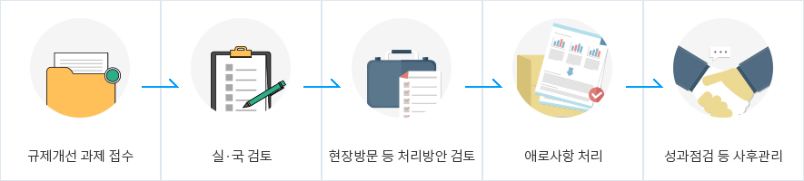 규제개선 과제 접수 - 실국검토 - 현장방문 등 처리방안 검토 - 애로사항 처리 - 성과점검 등 사후관리