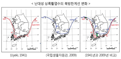 난대성 상록활엽수의 북방한계선 변화 (Uyeki 1941, 국립생물자원관 2009, 1941년과 2009년 비교)