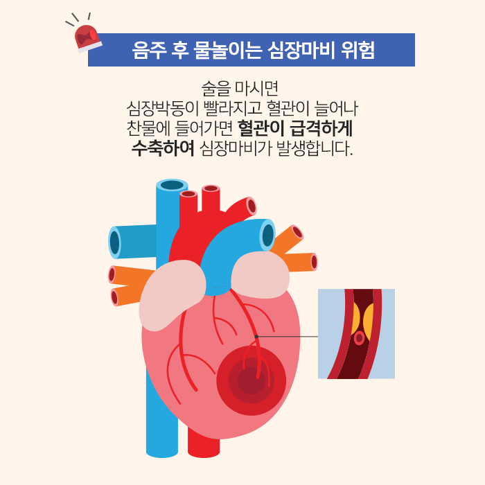 음주 후 물놀이는 심장마비 위험. 술을 마시면 심장박동이 빨라지고 혈관이 늘어나 찬물에 들어가면 혈관이 급격하게 수축하여 심장마비가 발생합니다.