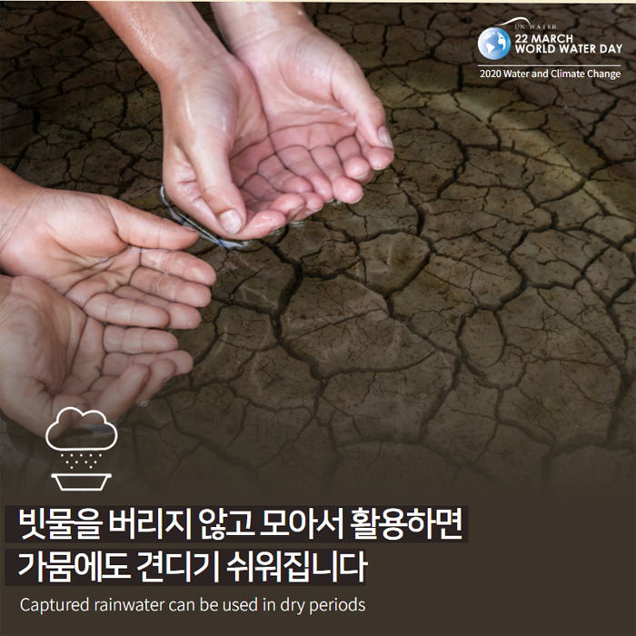 빗물을 버리지 않고 모아서 활용하면 가뭄에도 견디기 쉬워집니다. Captured rainwater can be used in dry periods.