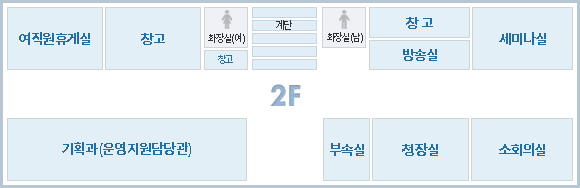 2층 : 청장실, 기획과(운영지원담당관), 소회의실, 세미나실, 방송실, 고충상담실, 여직원 휴게실